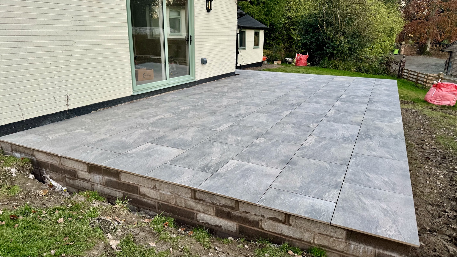 Completed 70 square metre porcelain patio in Llanfyllin